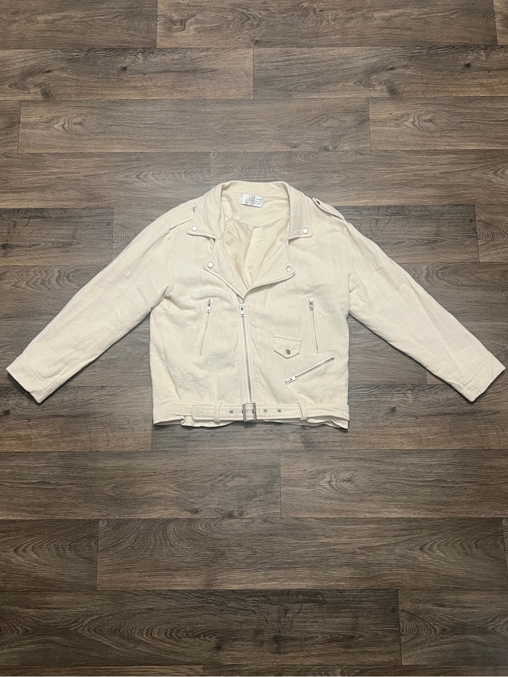 J.O.A. Moto Jacket Size Medium Cream Linen Blend Woven Lapel Zip Neutral Biker